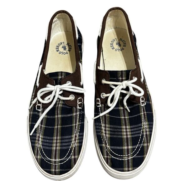 Polo Ralph Lauren Mens Boat Deck Shoes Plaid Blue Green Brown Canvas 11 D Preppy - Picture 1 of 8